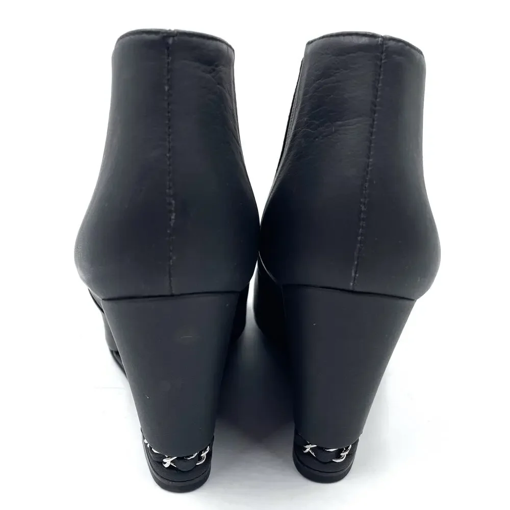Chanel Wedge Booties Black Leather CC Logo Chain Pointed Ankle‎ Sz 37.5 / 7.5